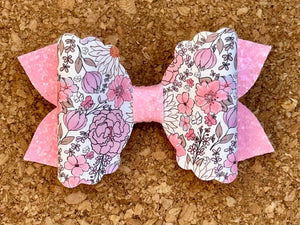 Pink Flowers Scallop Glitter Layered Leatherette Bow