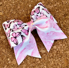 Load image into Gallery viewer, Pink Butterflies Mini Cheer Leatherette Bow
