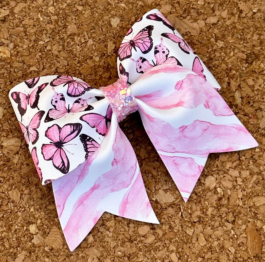 Pink Butterflies Mini Cheer Leatherette Bow